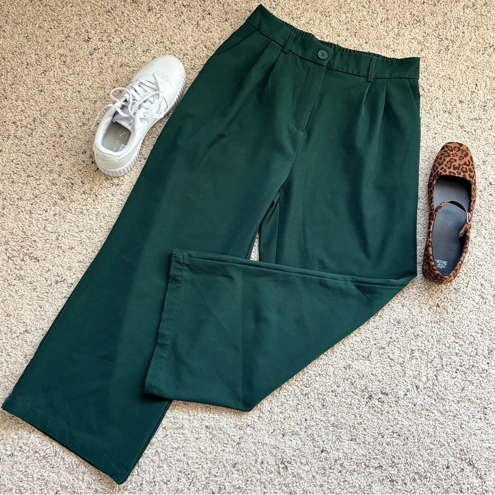Elegant preppy Funyyzo Dark Green Women's Capri Wide Leg Pants size L one button